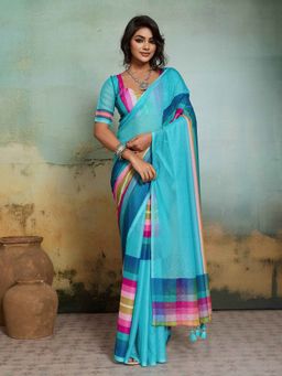 Sedora Couture - Blue Jacquard Geometric Printed Saree with Unstitched Blouse