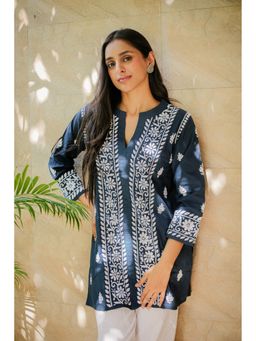 HOUSE OF KARI - Saba Embroidered Chikankari Short Kurti - Navy Blue