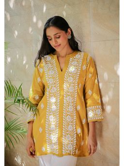 HOUSE OF KARI - Saba Embroidered Chikankari Short Kurti - Mustard