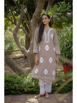 HOUSE OF KARI - Saba Cotton Embroidered Chikankari Kurta - Beige