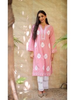 HOUSE OF KARI - Saba Cotton Embroidered Chikankari Kurta - Peach