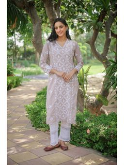 HOUSE OF KARI - Saba Embroidered Chikankari V-Neck Kurta - Taupe