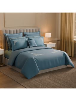 SPACES - Blue Solid Cotton Large Bedsheet with Pillow Covers