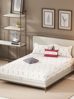 Nautica - White Floral Cotton Double Bedsheet with Pillow Covers