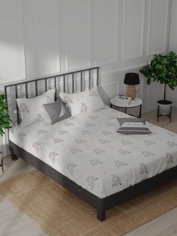 Nautica - White Floral Cotton Double Bedsheet with Pillow Covers