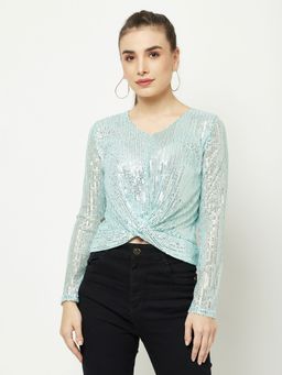 CRIMSOUNE CLUB - Women Light Blue Sequined Top