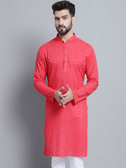 Treemoda - Men Designer Carrot Red Chikankari Cotton Kurta