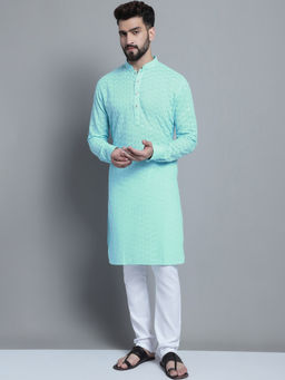 Treemoda - Men Designer Sky Blue Chikankari Cotton Kurta & Churidar (Set of 2)