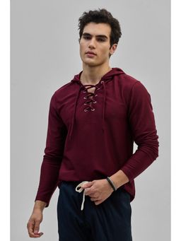 Snitch - Maroon Lace-Up Textured Hoodie