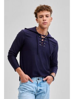 Snitch - Navy Lace-Up Textured Hoodie