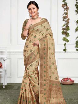 Odette - Womens Beige Cotton Woven Design Saree with Unstitched Blouse