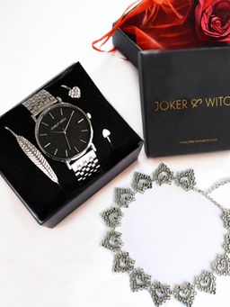 Joker and Witch - Joker & Witch Black Silver Lining Love Stack Watch, Bracelets And Necklace (Set of 4)