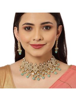 Karatcart - Gold Plated Light Blue Beads Kundan Choker Necklace Set (Set of 2)
