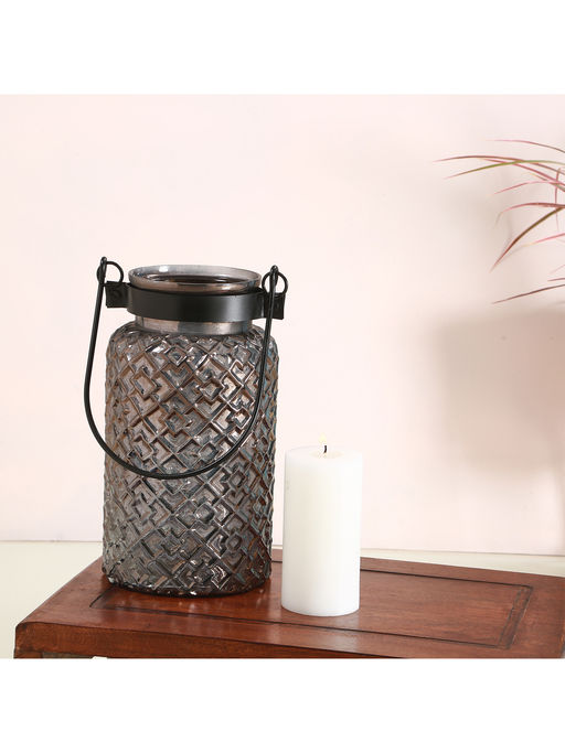 Manor House Roshni Patterned Glass Black Lustre Lantern Big 12 inch tall