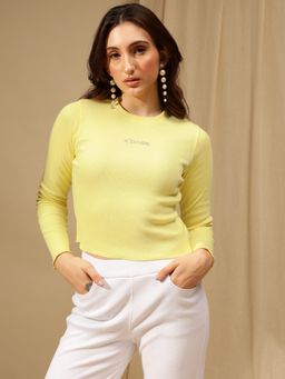 Xpose - Women Yellow Round Neck Ribbed Crop Fitted Top