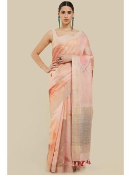 Soch - Women Pink Linen Printed Saree with Unstitched Blouse