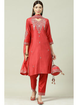 Biba - Coral Red Straight Suit (Set of 4)