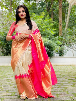 Anjaneya Sarees - Cream Woven Designer Banarasi Silk Kanjivaram Saree with Unstitched Blouse