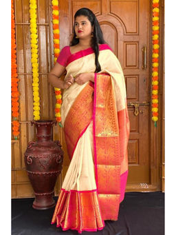 Anjaneya Sarees - Beige Woven Designer Banarasi Silk Kanjivaram Saree with Unstitched Blouse