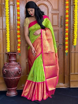 Anjaneya Sarees - Green Woven Designer Banarasi Silk Kanjivaram Saree with Unstitched Blouse