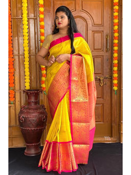 Anjaneya Sarees - Yellow Woven Designer Banarasi Silk Kanjivaram Saree with Unstitched Blouse