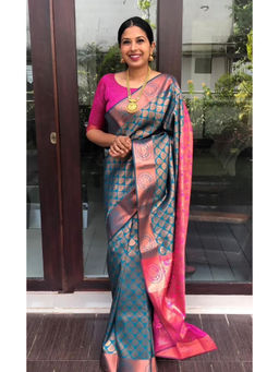 Anjaneya Sarees - Teal Woven Designer Banarasi Silk Kanjivaram Saree with Unstitched Blouse
