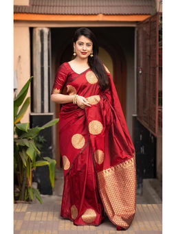 Anjaneya Sarees - Red Woven Designer Banarasi Silk Kanjivaram Saree with Unstitched Blouse