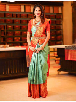 Anjaneya Sarees - Green Woven Designer Banarasi Silk Kanjivaram Saree with Unstitched Blouse