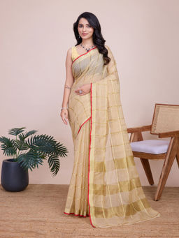 Anjaneya Sarees - Beige Woven Designer Cotton Silk Kanjivaram Saree with Unstitched Blouse