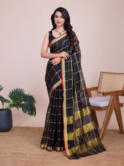 Anjaneya Sarees - Black Woven Designer Cotton Silk Kanjivaram Saree with Unstitched Blouse