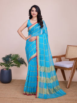 Anjaneya Sarees - Sky Blue Woven Designer Cotton Silk Kanjivaram Saree with Unstitched Blouse