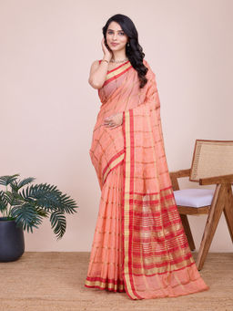 Anjaneya Sarees - Peach Woven Designer Cotton Silk Kanjivaram Saree with Unstitched Blouse