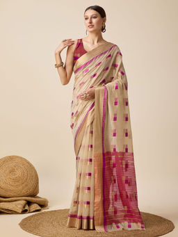 Anjaneya Sarees - Beige Woven Designer Cotton Silk Kanjivaram Saree with Unstitched Blouse