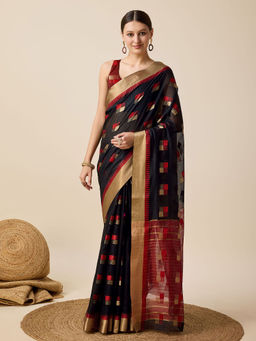 Anjaneya Sarees - Black Woven Designer Cotton Silk Kanjivaram Saree with Unstitched Blouse