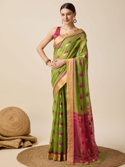 Anjaneya Sarees - Green Woven Designer Cotton Silk Kanjivaram Saree with Unstitched Blouse