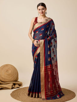 Anjaneya Sarees - Navy Blue Woven Designer Cotton Silk Kanjivaram Saree with Unstitched Blouse
