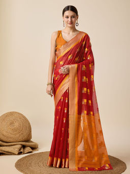 Anjaneya Sarees - Red Woven Designer Cotton Silk Kanjivaram Saree with Unstitched Blouse