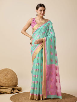 Anjaneya Sarees - Sky Blue Woven Designer Cotton Silk Kanjivaram Saree with Unstitched Blouse