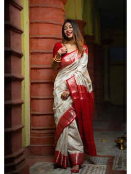 Anjaneya Sarees - White Woven Designer Banarasi Silk Kanjivaram Saree with Unstitched Blouse