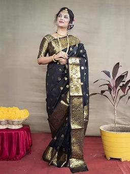 Anjaneya Sarees - Black Woven Designer Banarasi Silk Kanjivaram Saree with Unstitched Blouse