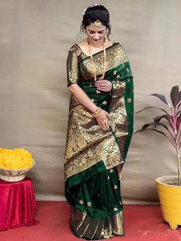 Anjaneya Sarees - Green Woven Designer Banarasi Silk Kanjivaram Saree with Unstitched Blouse