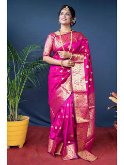 Anjaneya Sarees - Pink Woven Designer Banarasi Silk Kanjivaram Saree with Unstitched Blouse