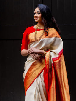 Anjaneya Sarees - Cream Woven Designer Banarasi Silk Kanjivaram Saree with Unstitched Blouse