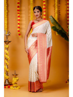 Anjaneya Sarees - Cream Woven Designer Banarasi Silk Kanjivaram Saree with Unstitched Blouse