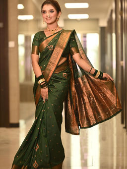 Anjaneya Sarees - Green Woven Designer Banarasi Silk Kanjivaram Saree with Unstitched Blouse