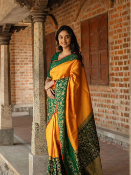 Anjaneya Sarees - Yellow Woven Designer Banarasi Silk Kanjivaram Saree with Unstitched Blouse