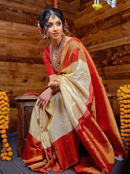 Anjaneya Sarees - Cream Woven Designer Banarasi Silk Kanjivaram Saree with Unstitched Blouse