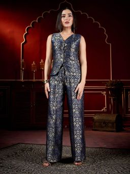 PURVAJA - Navy Blue and Gold Sleeveless Printed Co-Ord Set
