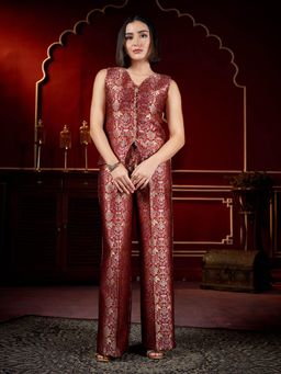PURVAJA - Maroon and Gold Sleeveless Printed Co-Ord Set