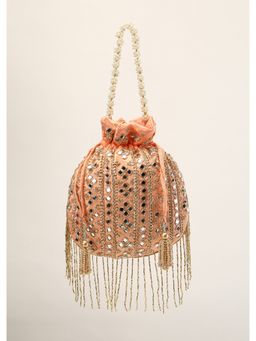 KALKI FASHION - Peach Potli in Satin with Hand Embroidery Detailing Using Mirror and Cut Dana Fringes